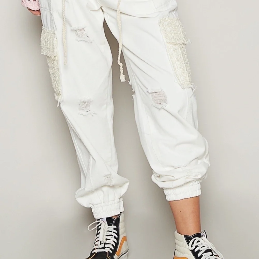 New POL Clothing Denim Lace Joggers Women's Distressed Relaxed WhiteTwill Pants - Picture 9 of 11